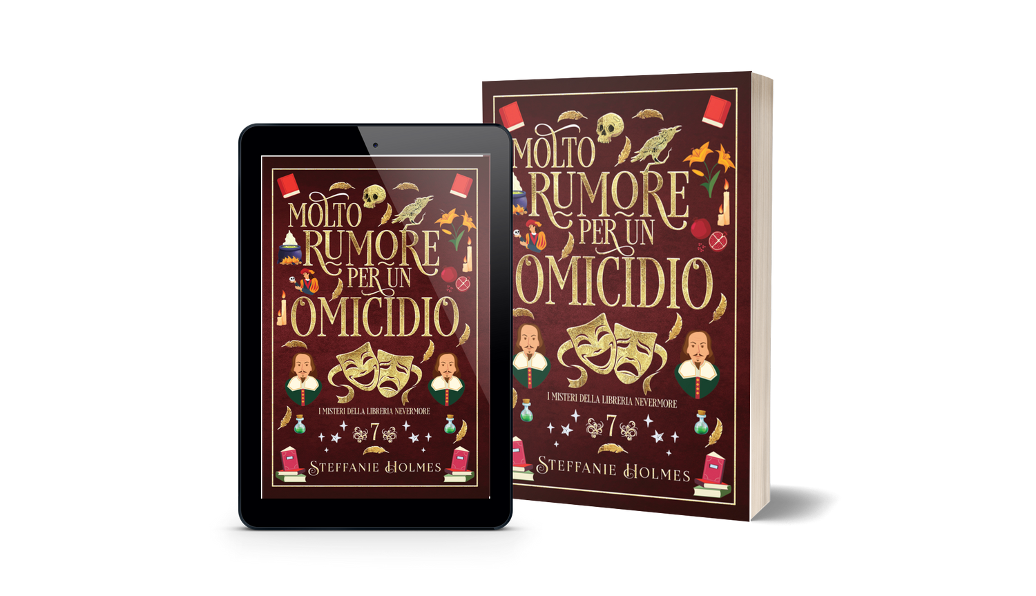 Book titled 'Molto Rumore per un Omicidio' by Steffanie Holmes next to a tablet displaying the same book cover.