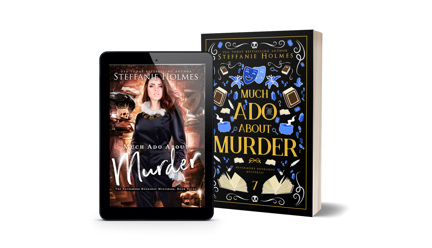 Book titled 'Much Ado About Murder' by Steffanie Holmes next to a tablet displaying the original book cover.