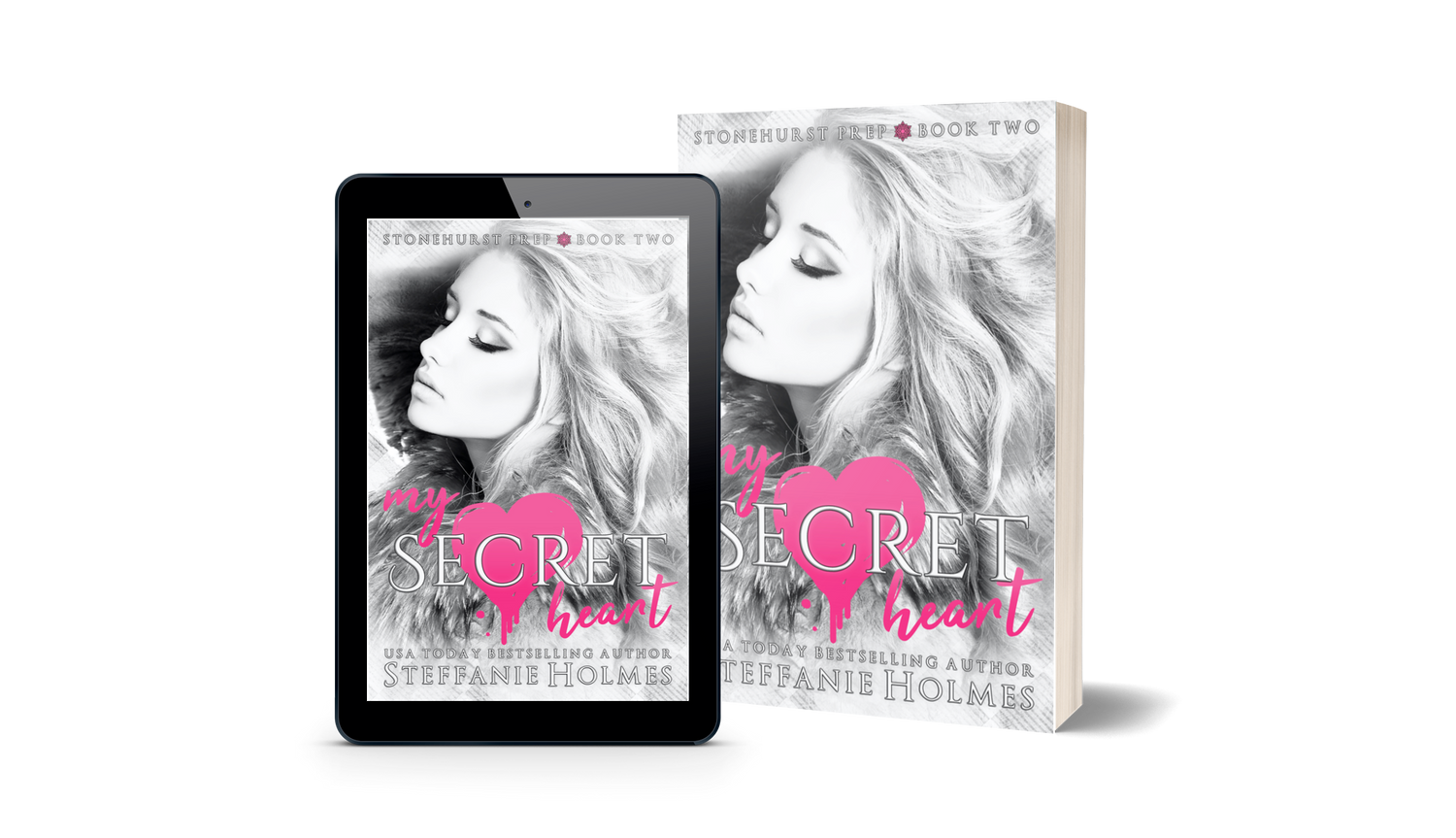 Book titled 'My Secret Heart' by Steffanie Holmes next to a tablet displaying the same book cover.
