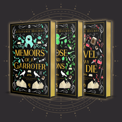 Three hardcover editions of books titled 'Memoirs of a Garroter', 'Prose and Cons', and 'A Novel Way To Die' with illustrated designs, ribbon bookmarks, and foiled titles.