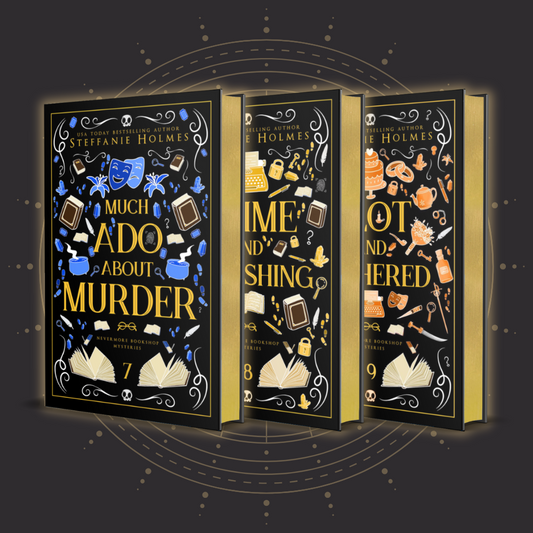 Three hardcover editions of books titled 'Much Ado About Murder', 'Crime and Publishing', and 'Plot and Bothered', featuring a black color scheme with gold and white accents, along with illustrations of books, a raven, and a map.