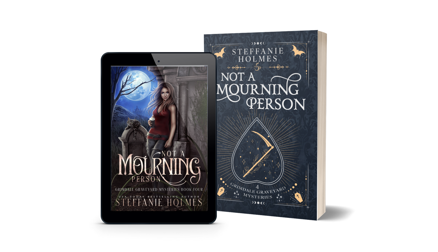 Book titled 'Not A Mourning Person' by Steffanie Holmes next to a tablet displaying the original book cover.