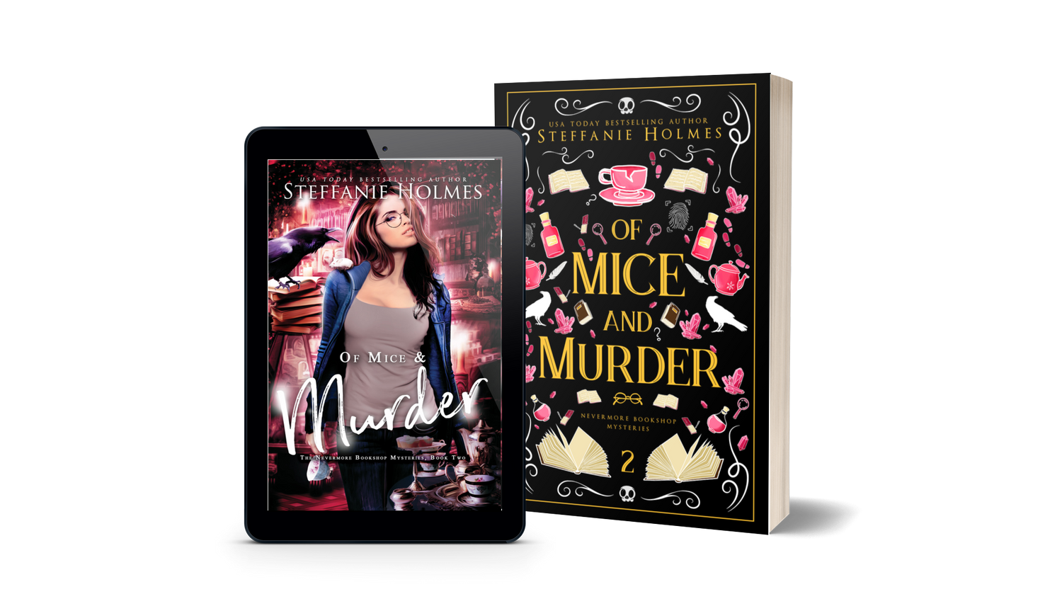Book titled 'Of Mice and Murder' by Steffanie Holmes next to a tablet displaying the original book cover.