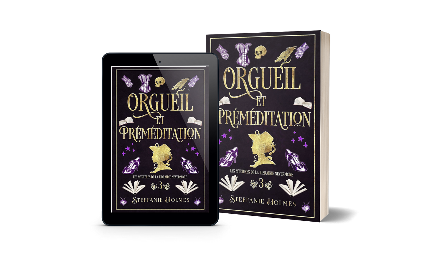 Book titled 'Orgueil et Premeditation' by Steffanie Holmes with a matching tablet