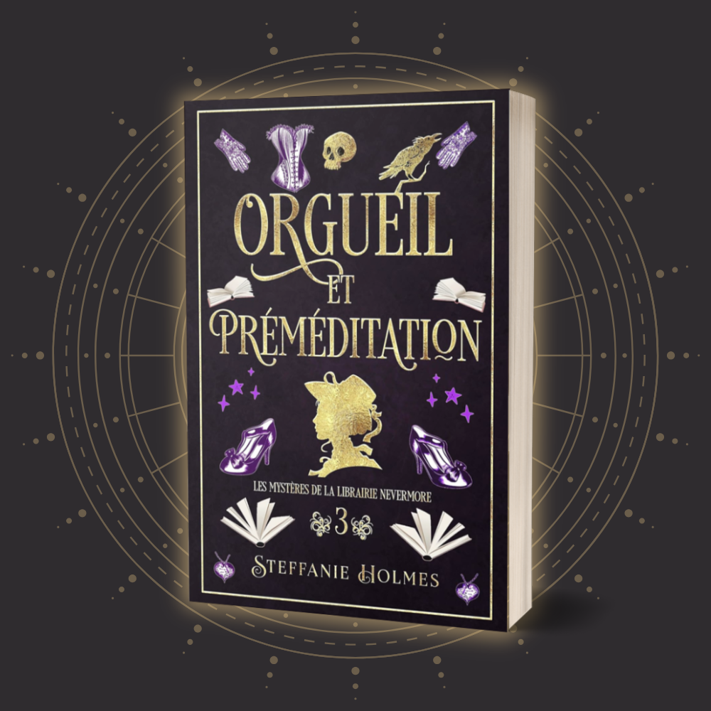 Book titled 'Orgueil et Premeditation' with decorative elements on a dark background