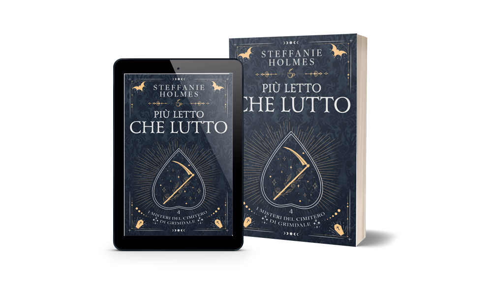 Book and tablet displaying the cover of 'Piu Letto Che Lutto' by Steffanie Holmes 