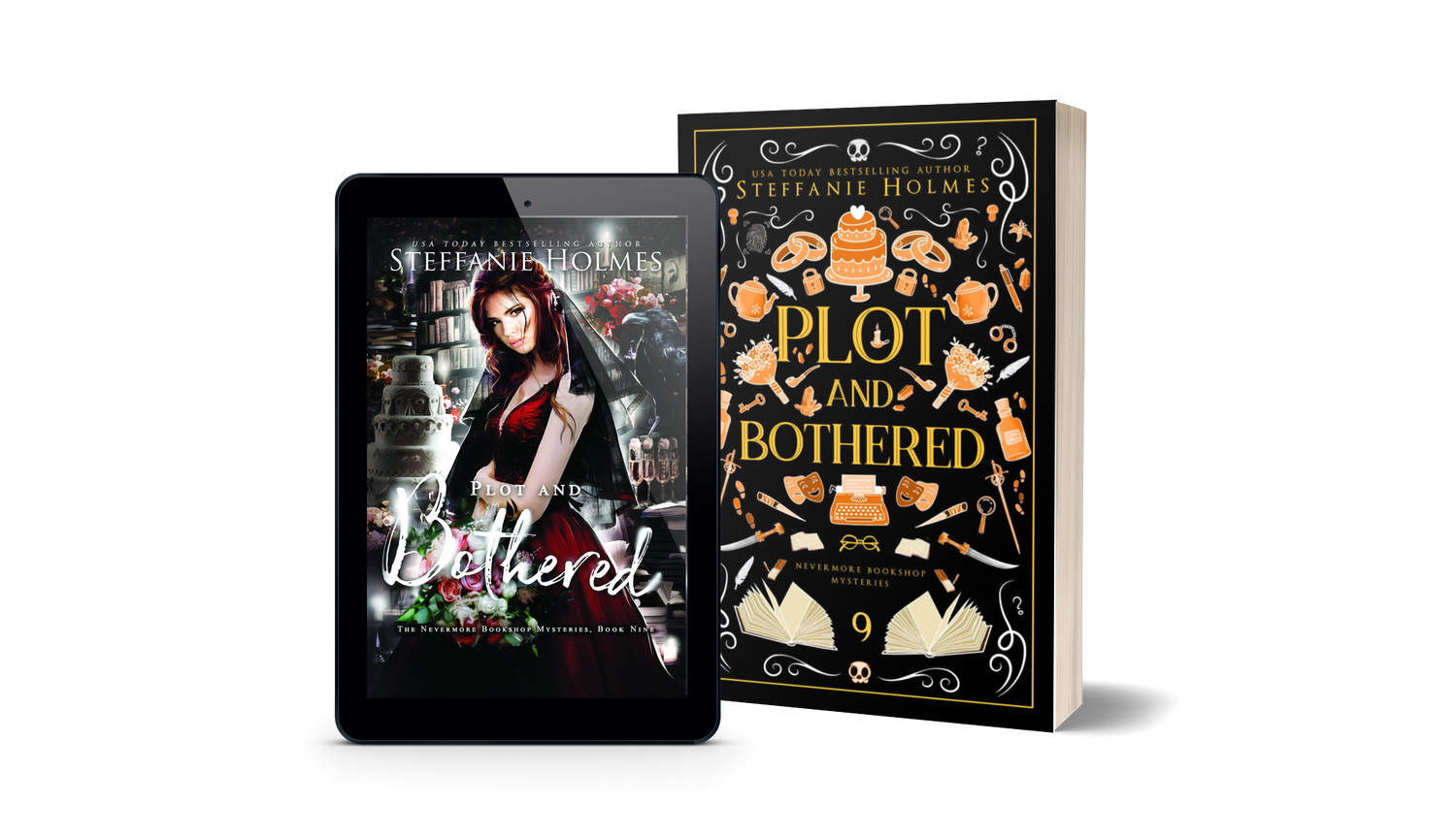 Book titled 'Plot and Bothered' by Steffanie Holmes next to a tablet displaying the original book cover.