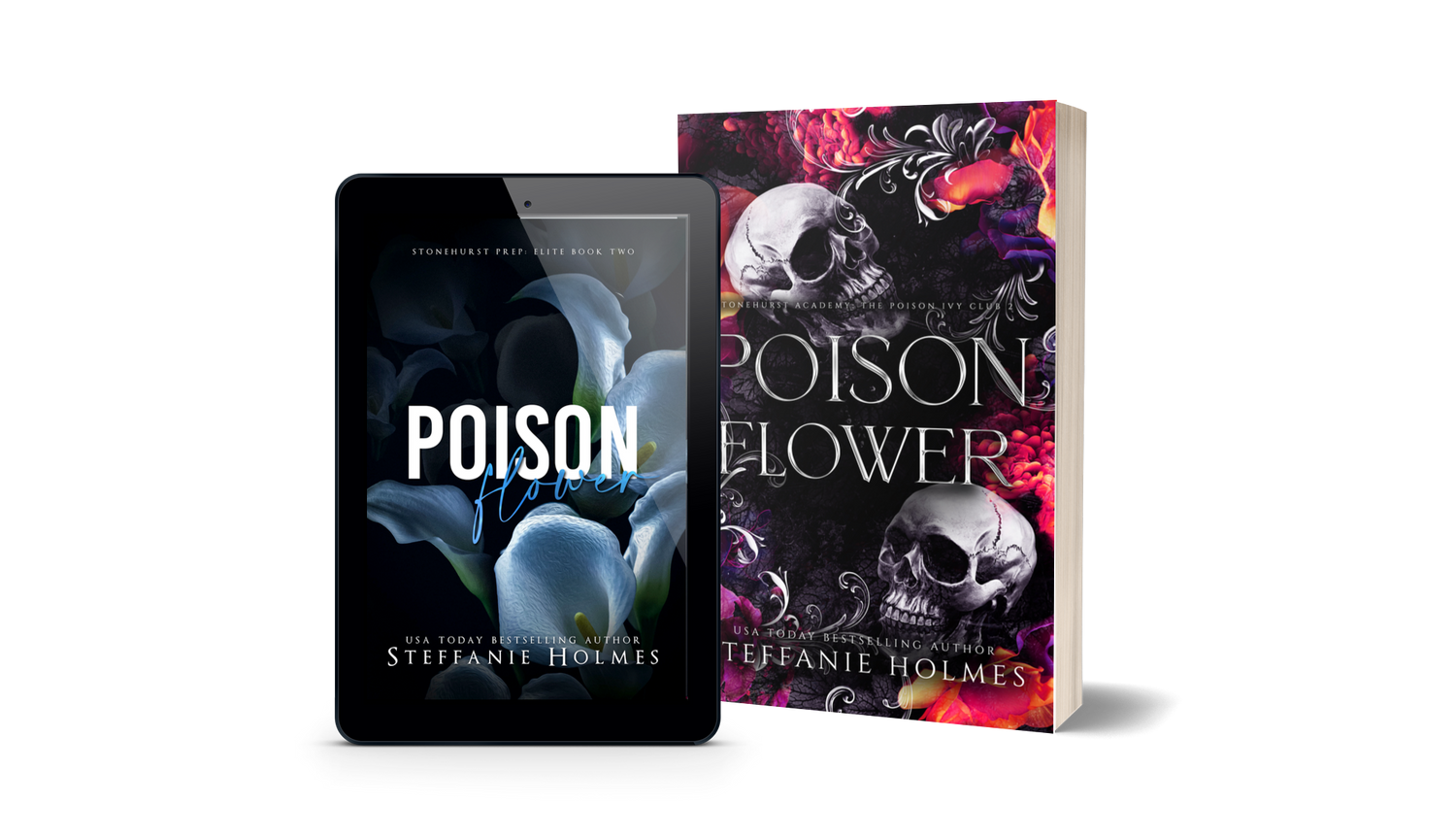 Book titled 'Poison Flower' by Steffanie Holmes next to a tablet displaying the original book cover.