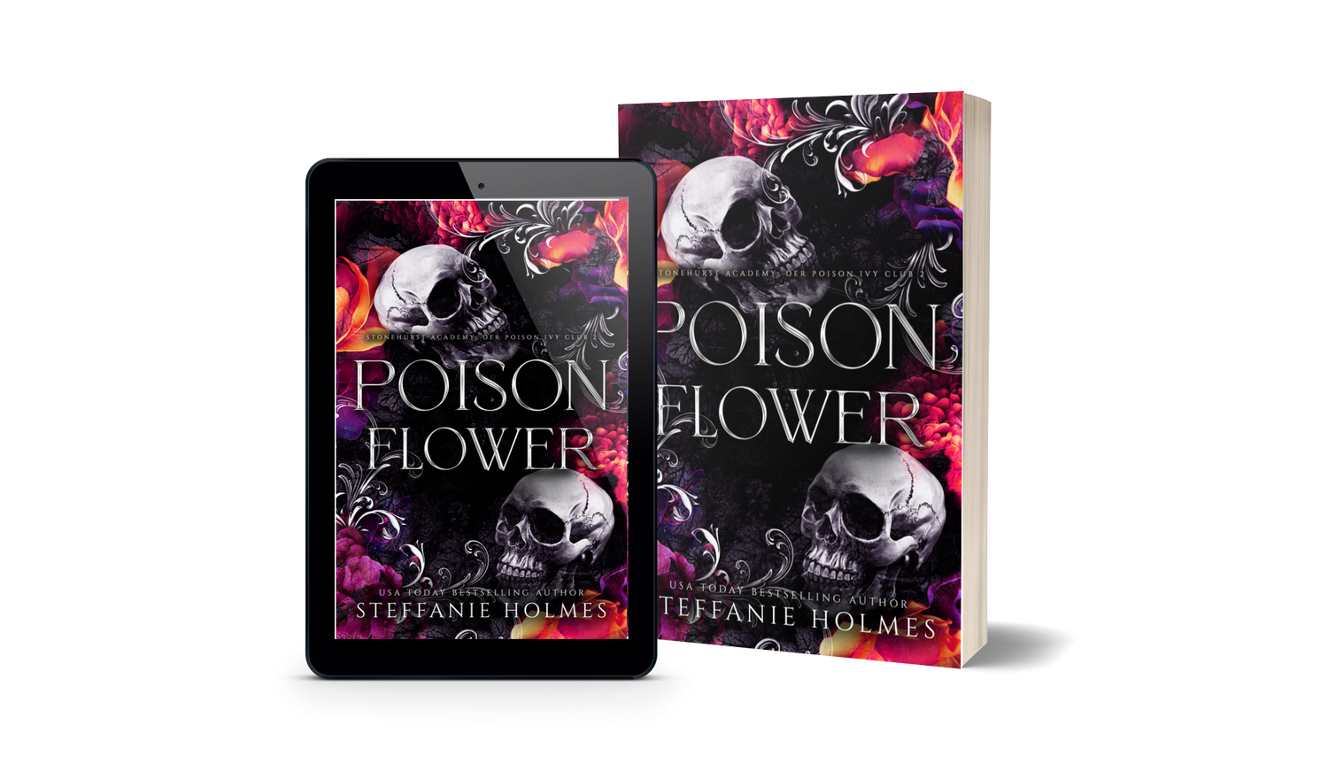 Book titled 'Poison Flower' German translation by Steffanie Holmes next to a tablet displaying the same book cover.