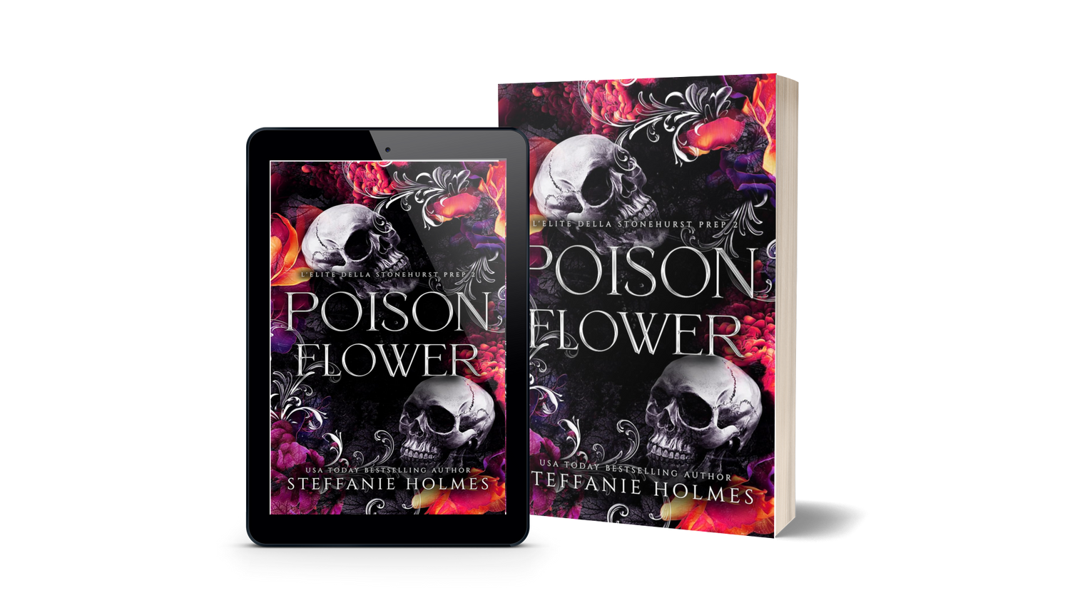 Book titled 'Poison Flower' Italian translation by Steffanie Holmes next to a tablet displaying the same book cover.