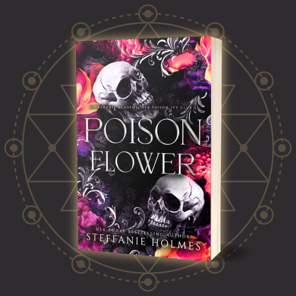 Book titled 'Poison Flower' German translation by Steffanie Holmes with skull and floral design on a dark background