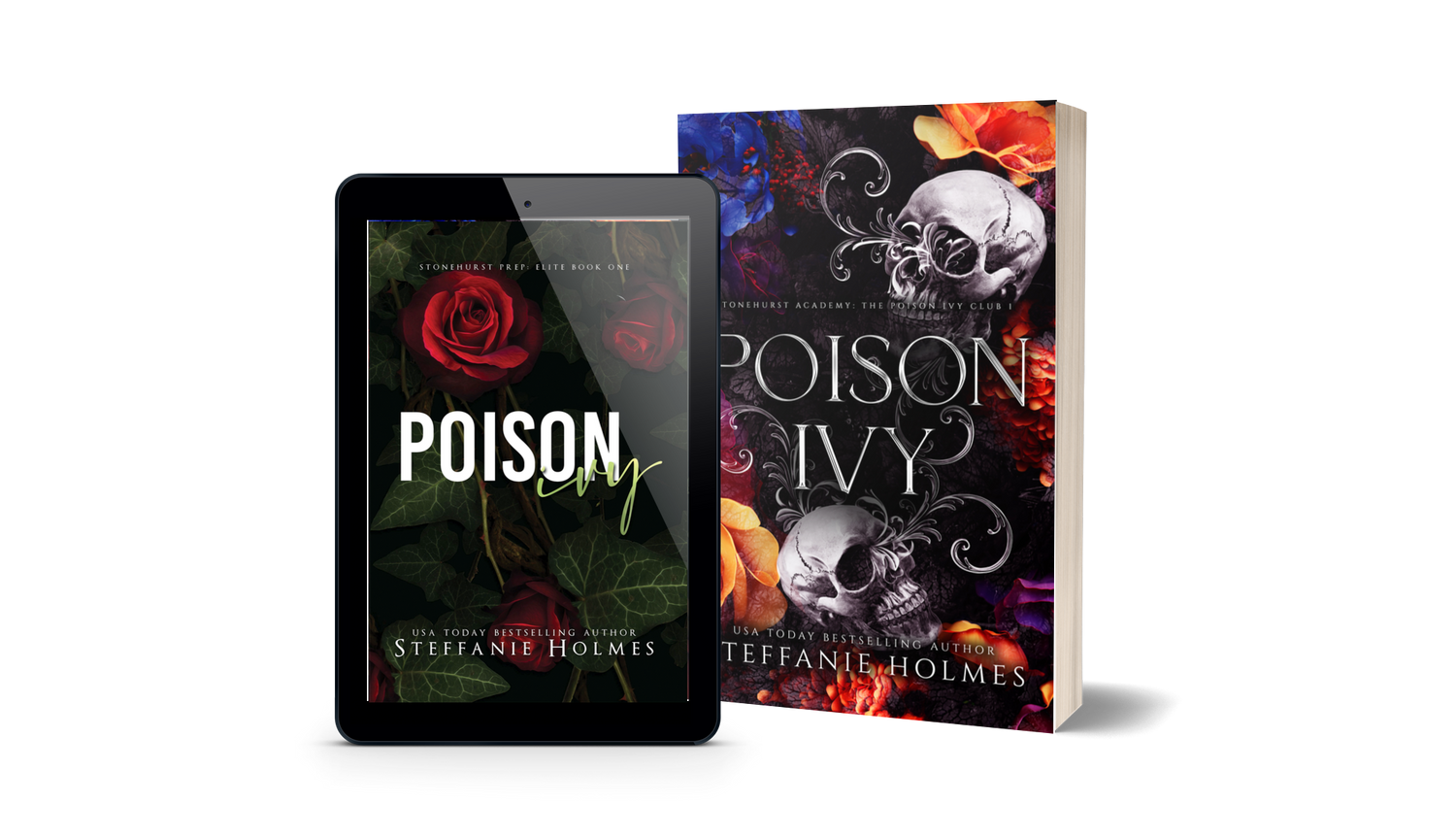 Book titled 'Poison Ivy' by Steffanie Holmes next to a tablet displaying the original book cover.