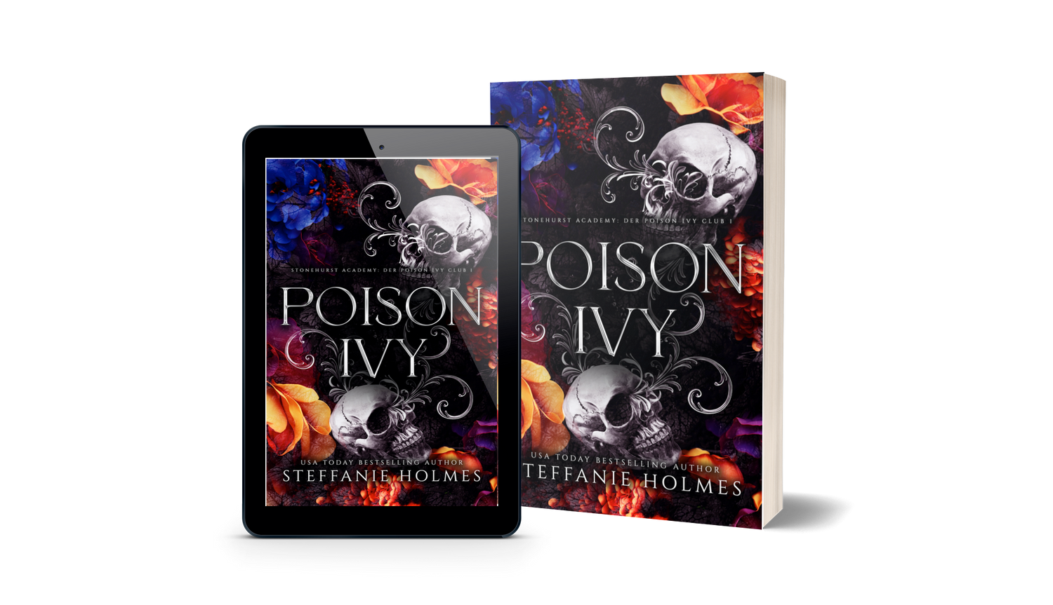 Book titled 'Poison Ivy' German translation by Steffanie Holmes next to a tablet displaying the same book cover.