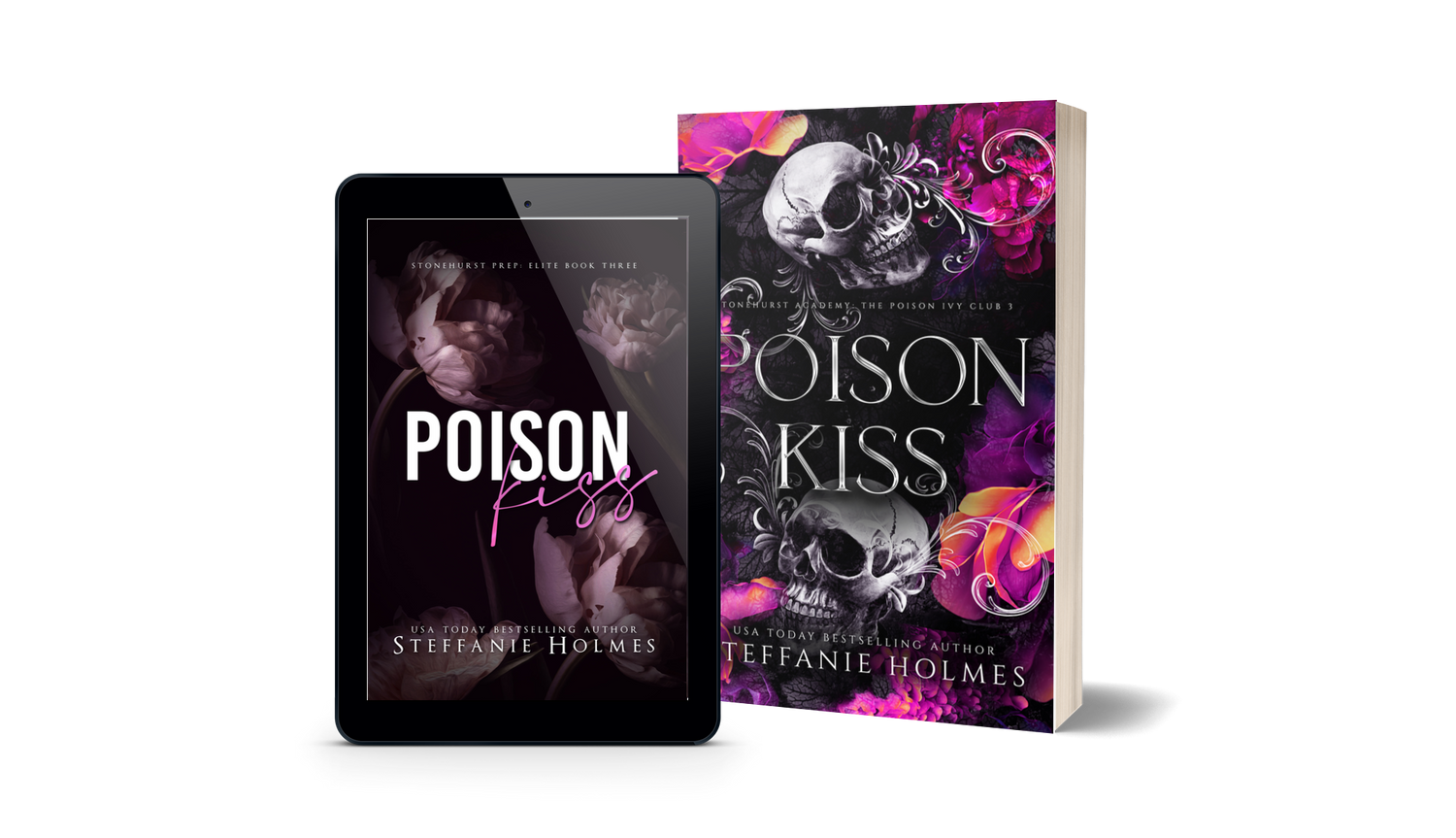 Book titled 'Poison Kiss' by Steffanie Holmes next to a tablet displaying the original book cover.