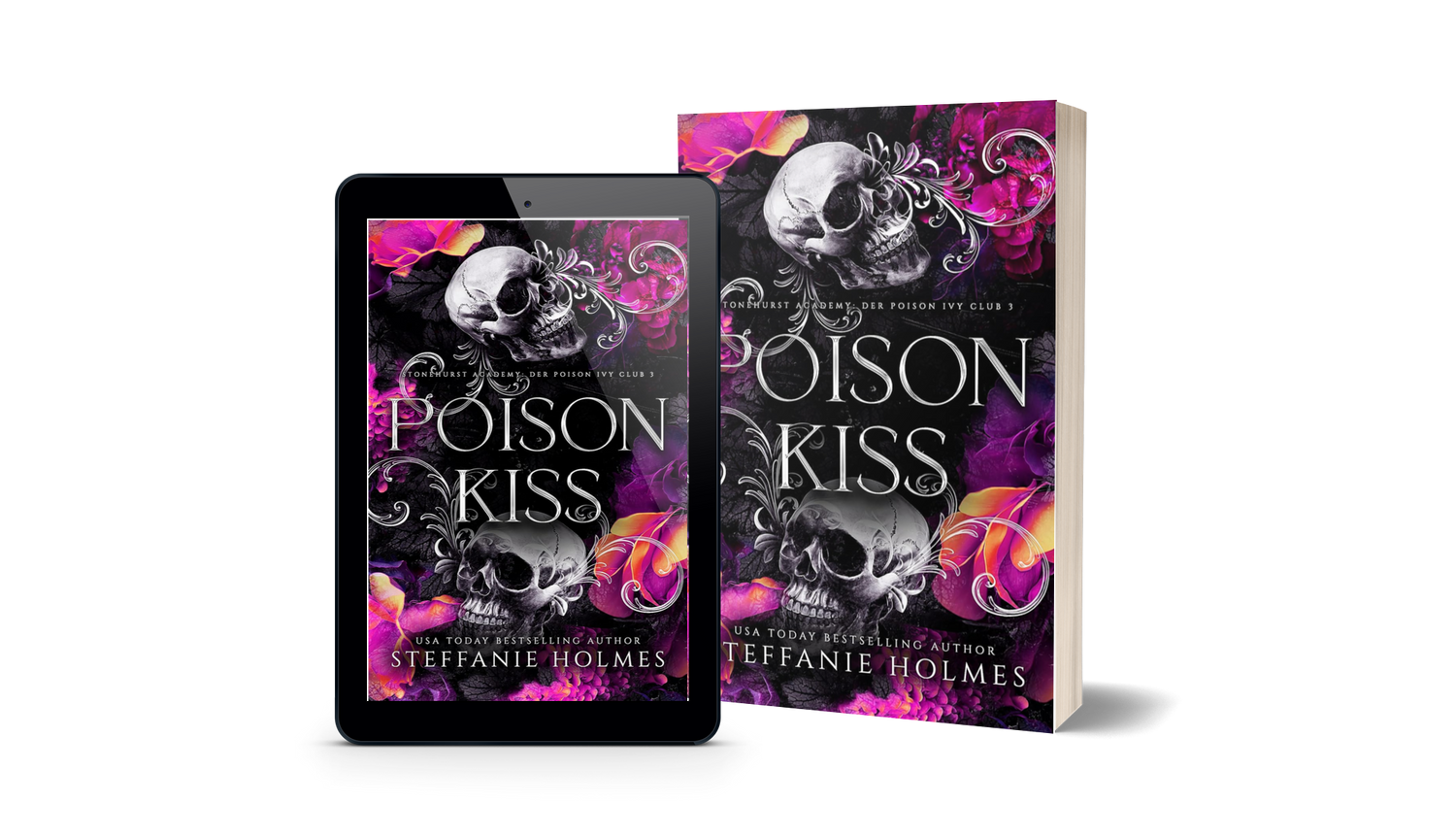 Book titled 'Poison Kiss' German translation by Steffanie Holmes next to a tablet displaying the same book cover.