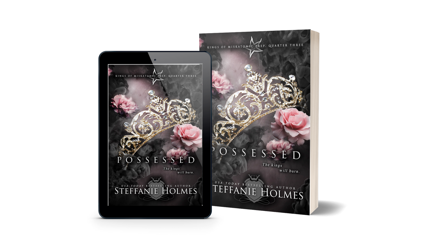 Book titled 'Possessed' by Steffanie Holmes next to a tablet displaying the same book cover.