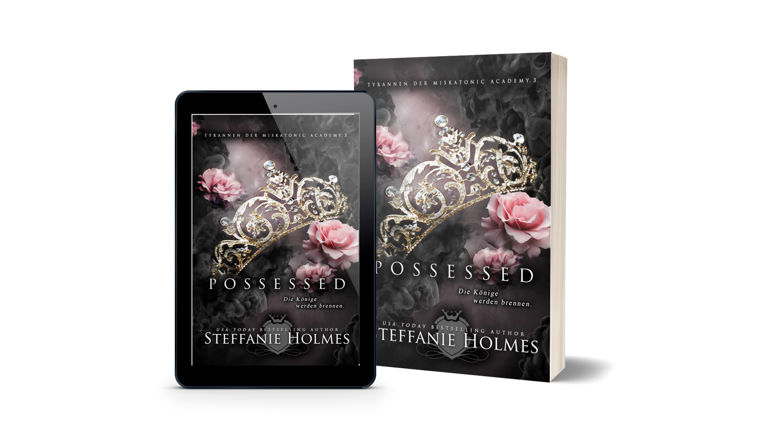Book titled 'Possessed' German edition by Steffanie Holmes next to a tablet displaying the same book cover.