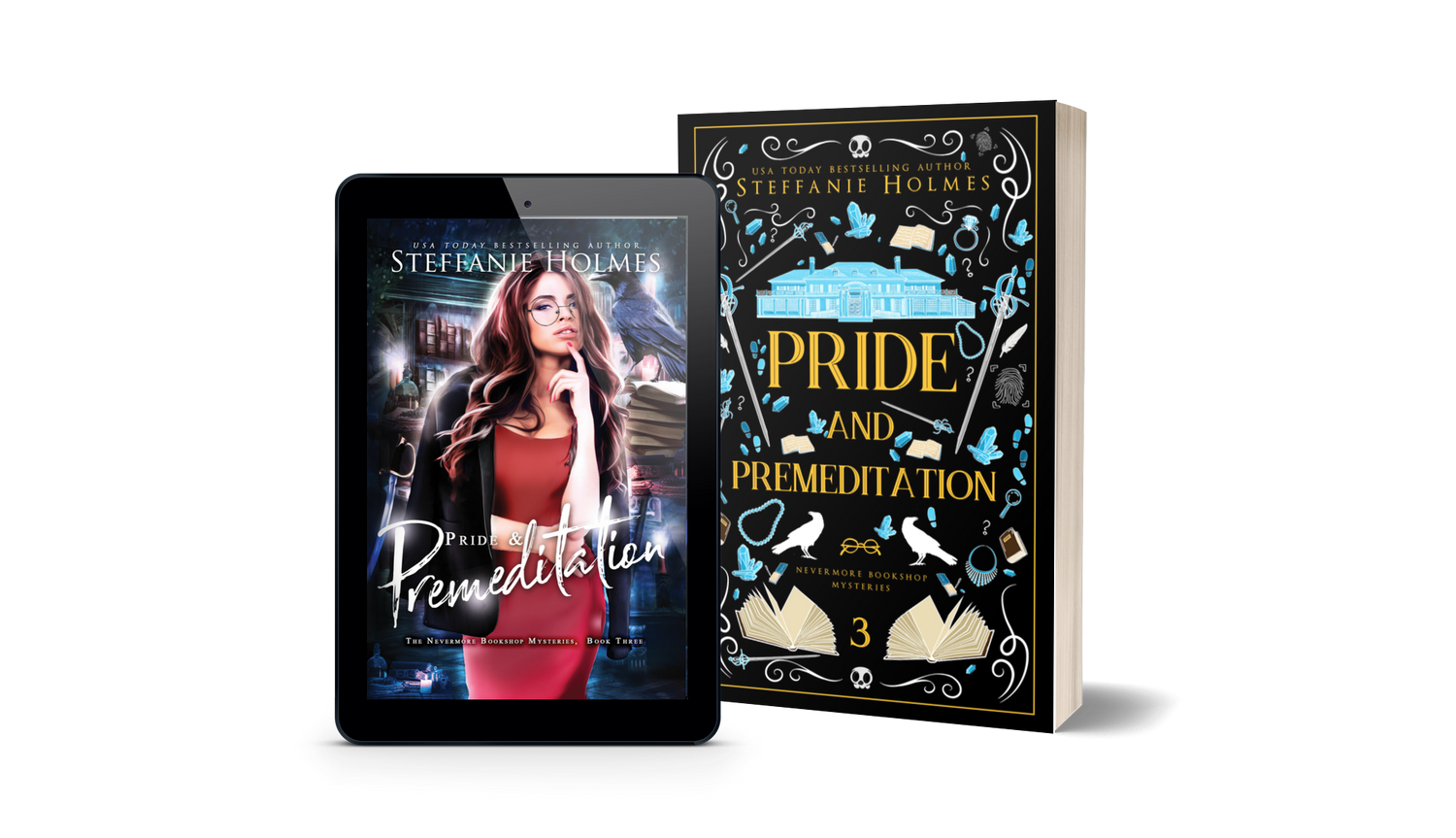 Book titled 'Pride and Premeditation' by Steffanie Holmes next to a tablet displaying the original book cover.