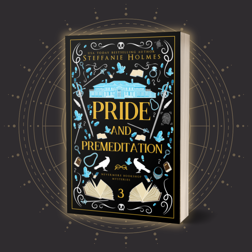 A black luxury paperback cover of the book 'Pride and Premeditation' by Steffanie Holmes, featuring gold and blue designs and text.
