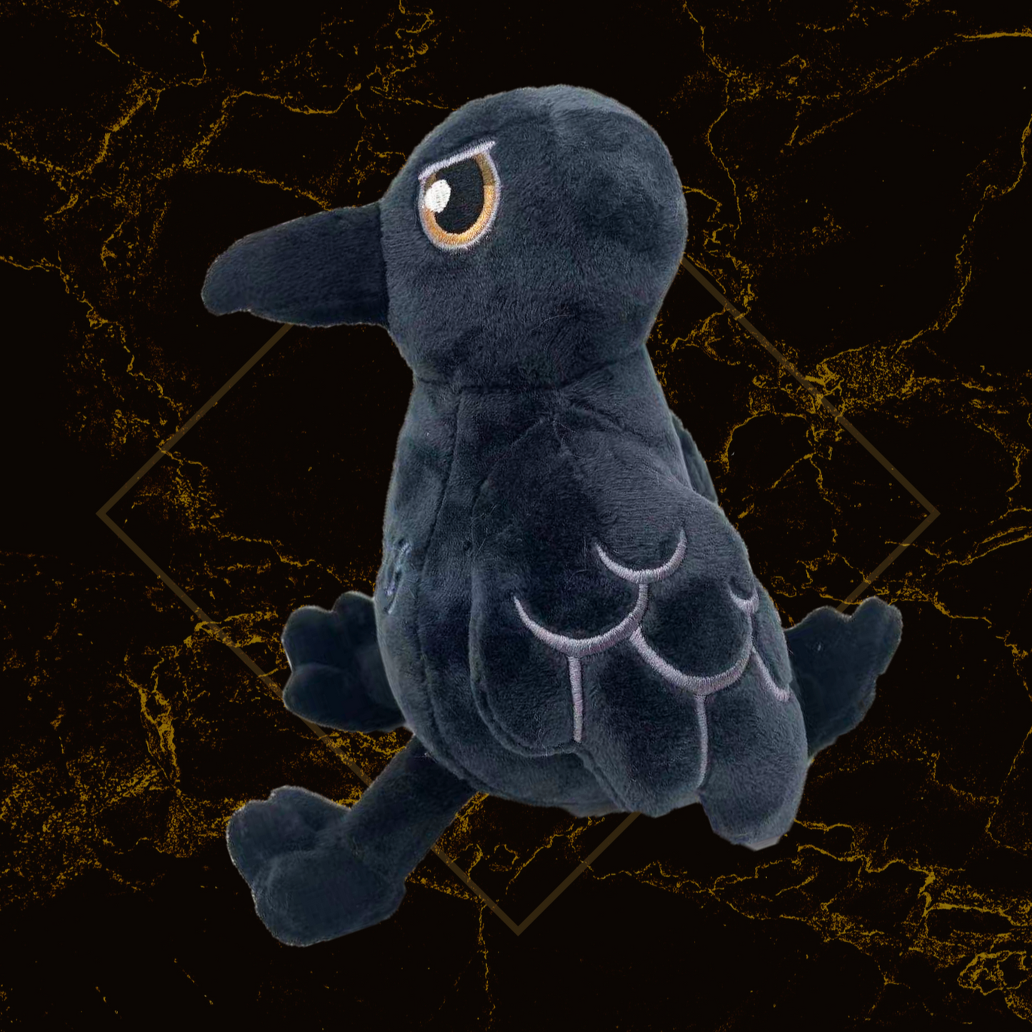 A plush toy resembling a raven with black feathers and a prominent eye, designed by Pepper Racoon.