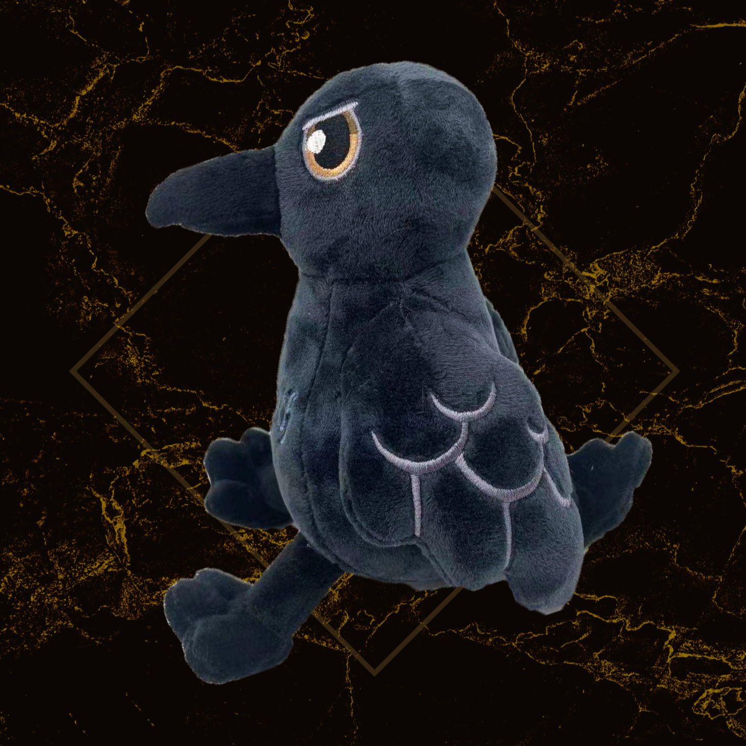 A plush toy resembling a raven with black feathers and a prominent eye, designed by Pepper Racoon.