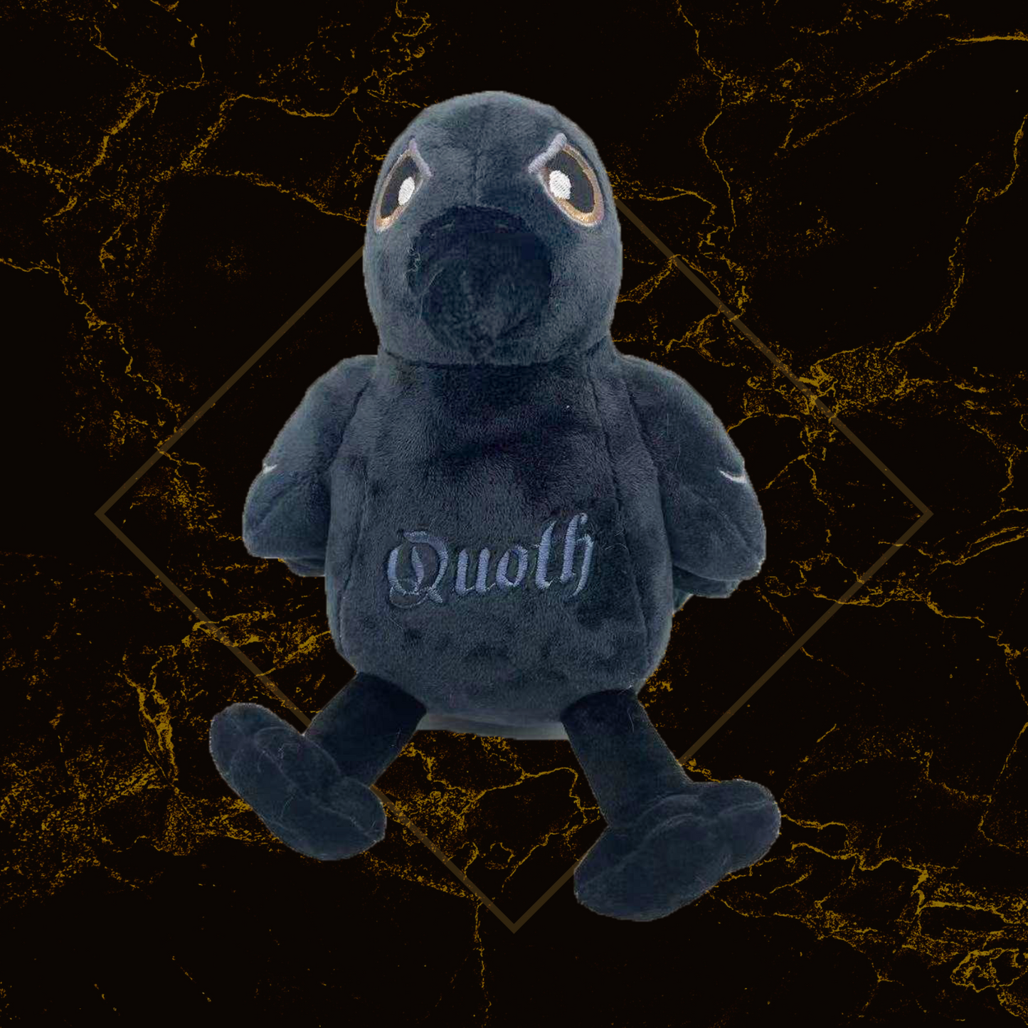A plush toy resembling a raven with the name 'Quoth' embroidered on its chest, set against a textured dark background.