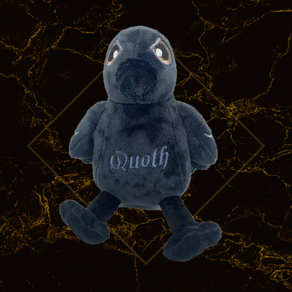 A plush toy resembling a raven with the name 'Quoth' embroidered on its chest, set against a textured dark background.