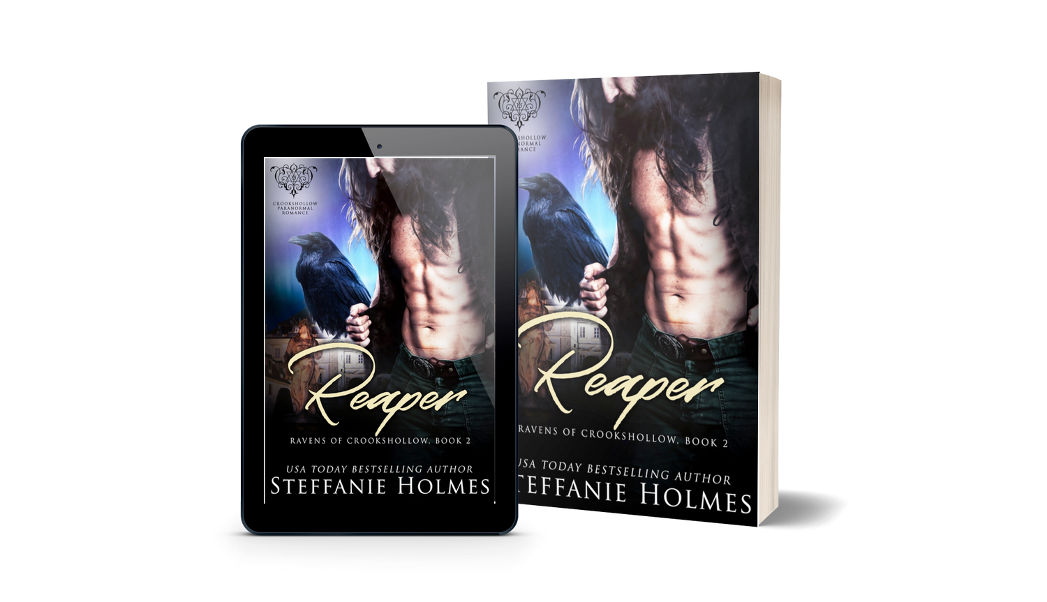 Book titled 'Reaper' by Steffanie Holmes next to a tablet displaying the same book cover.