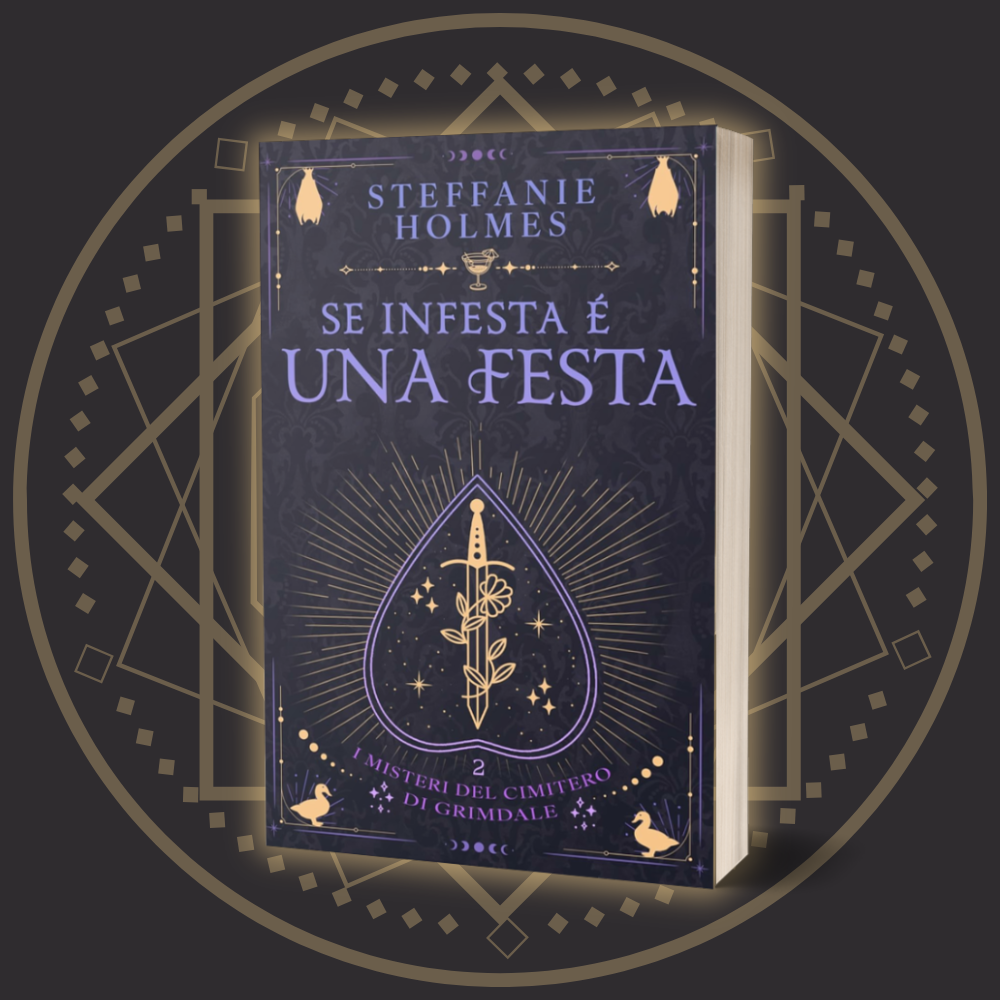 Book titled 'Se Infesta é Una Festa' by Steffanie Holmes on a dark background with geometric designs.