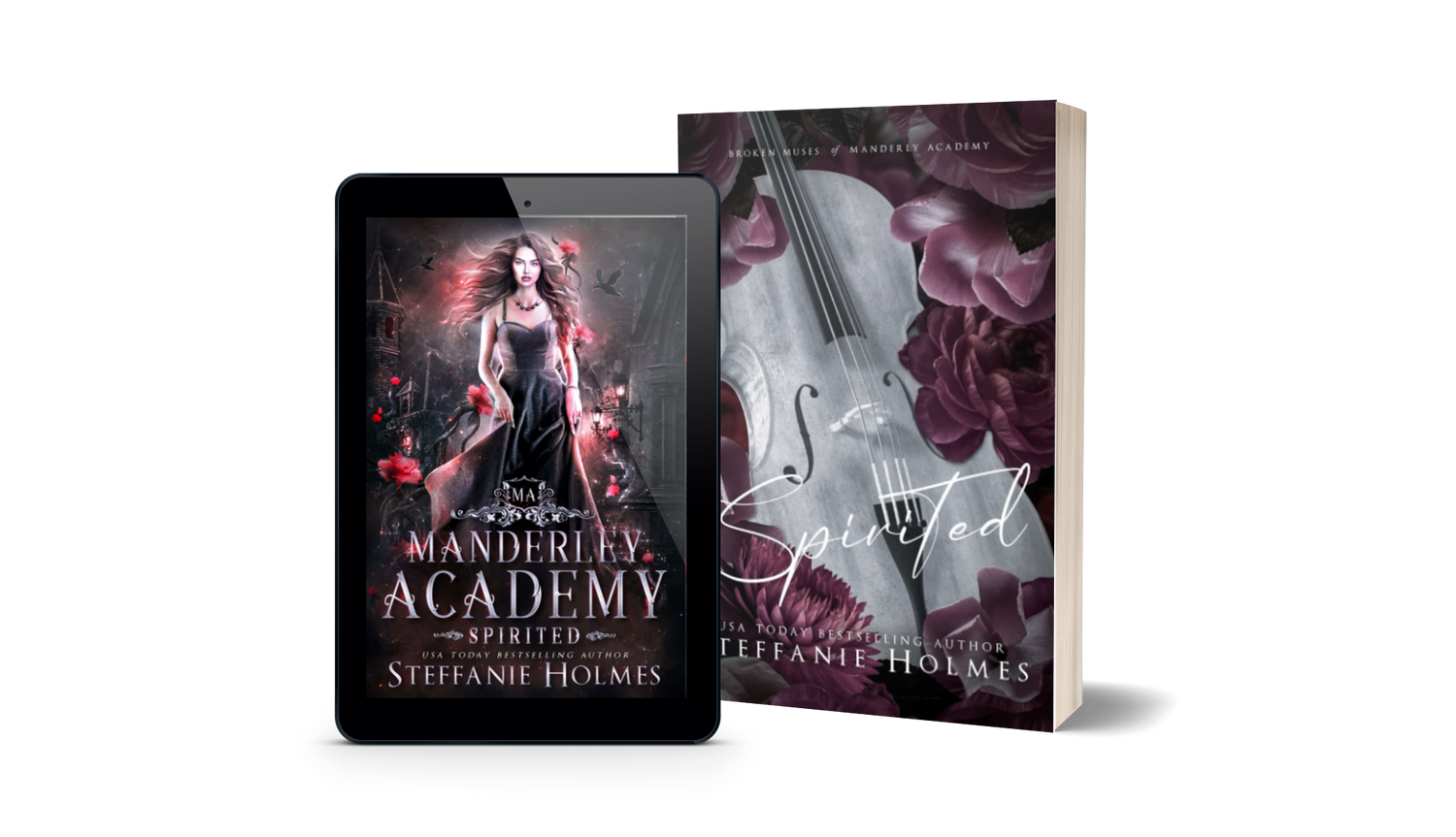 Book titled 'Spirited' by Steffanie Holmes next to a tablet displaying the original book cover.