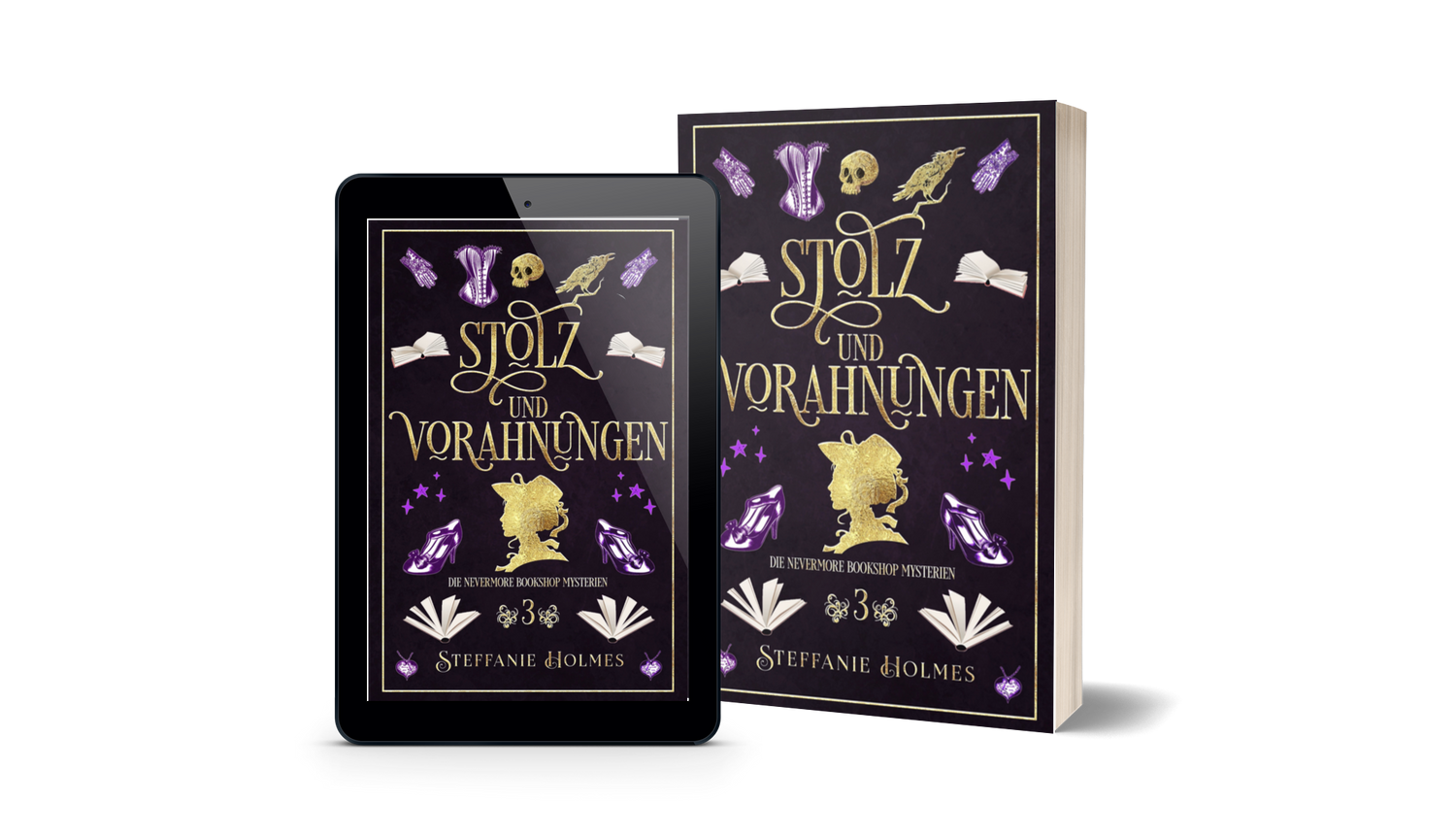 Book titled 'Stolz und Vorahnungen' by Steffanie Holmes next to a tablet displaying the same book cover.