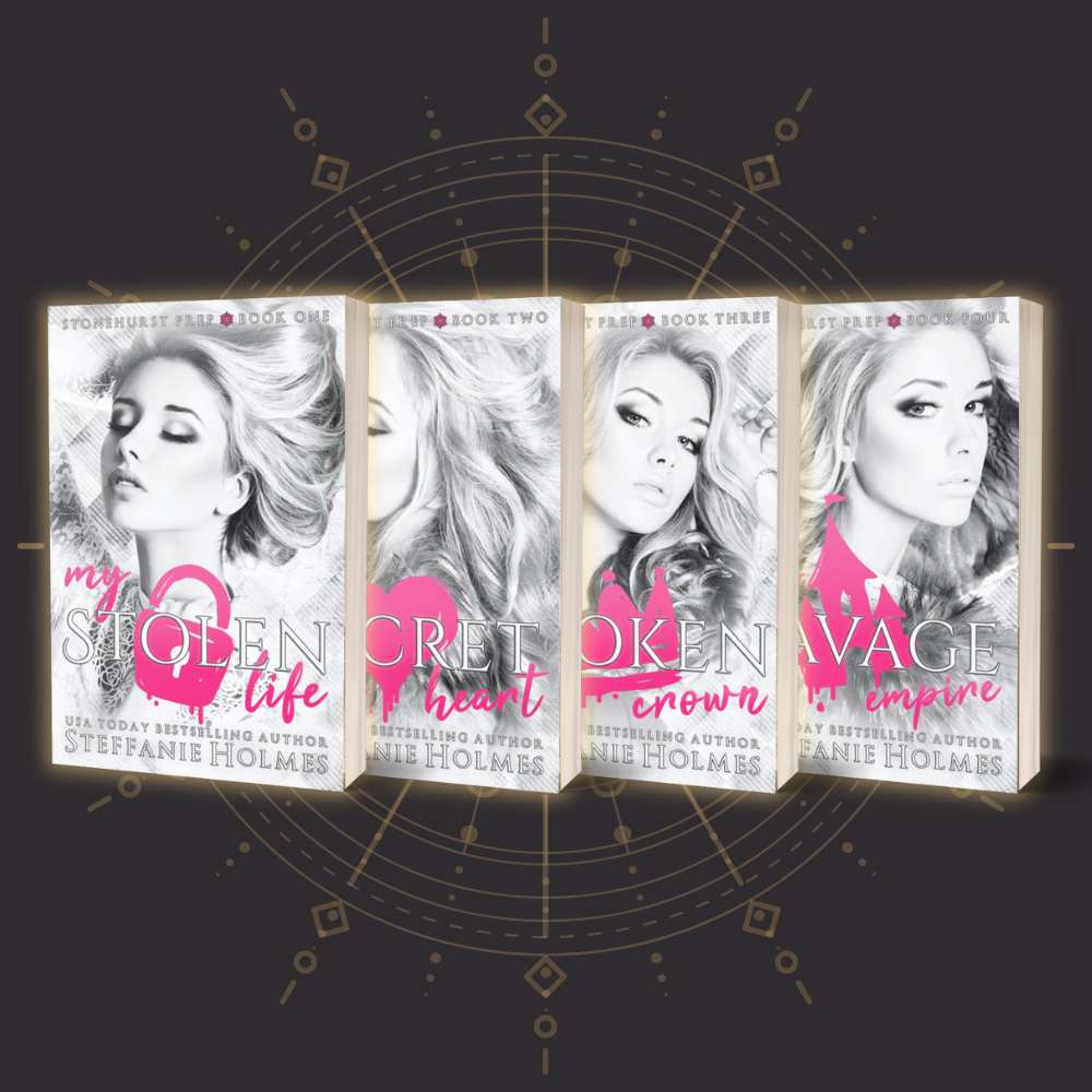 Four book covers for the Stonehurst Prep series by Steffanie Holmes on a dark background with decorative elements.
