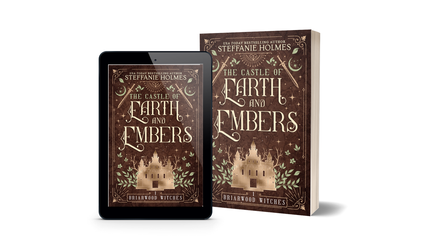 Book titled 'The Castle of Earth and Embers' by Steffanie Holmes next to a tablet displaying the same book cover.