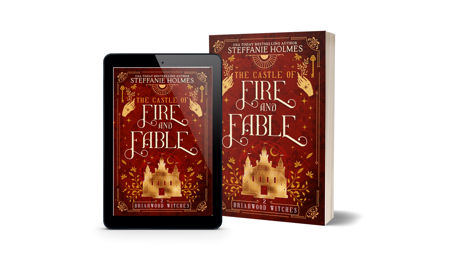 Book titled 'The Castle of Fire and Fable' by Steffanie Holmes next to a tablet displaying the same book cover.