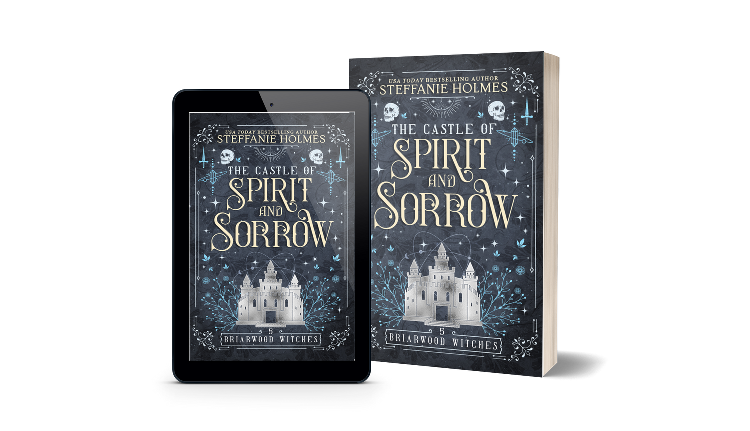 Book titled 'The Castle of Spirit and Sorrow' by Steffanie Holmes next to a tablet displaying the same book cover.