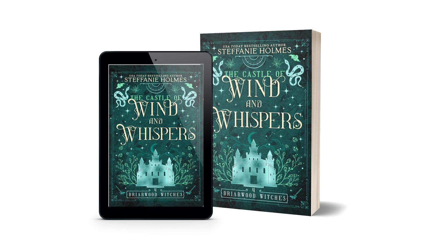 Book titled 'The Castle of Wind and Whispers' by Steffanie Holmes next to a tablet displaying the same book cover.