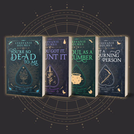 The four books of the Grimdale Graveyard series by Steffanie Holmes on a dark background with astrological symbols.