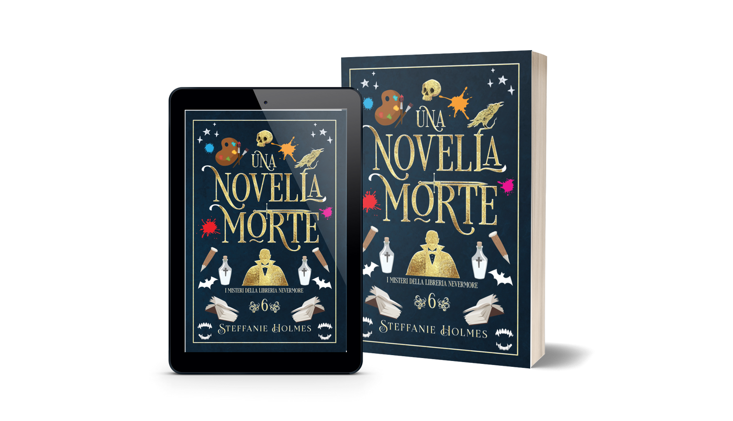 Book titled 'Una Novella Morte' by Steffanie Holmes next to a tablet displaying the same book cover.