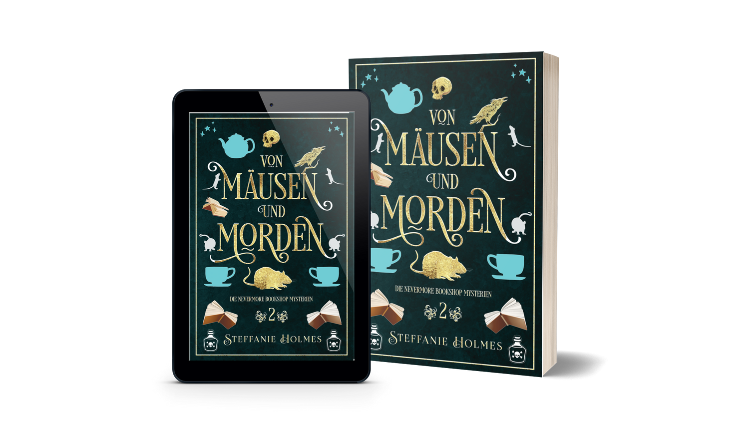 Book titled 'Von Mausen und Morden' by Steffanie Holmes next to a tablet displaying the same book cover.